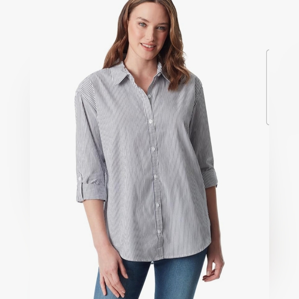 Gloria Vanderbilt Black and White Casual Button Down Shirt with Stripes